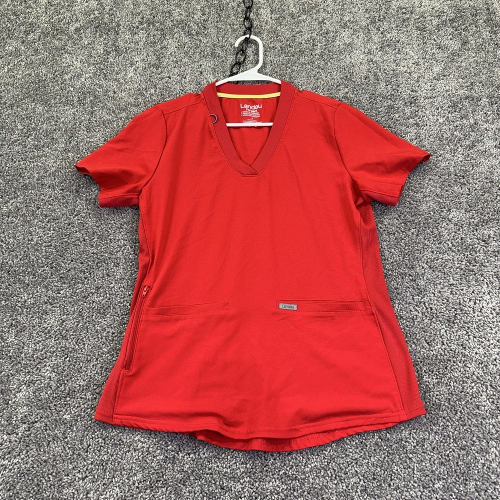 Landau Scrub Top Womens Small Red Forward V-Neck Stretch Pockets Medical Uniform